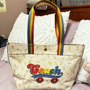 Coach Rainbow Roller Skate Print Graphic Canvas Tote Bag Limited Edition, EUC